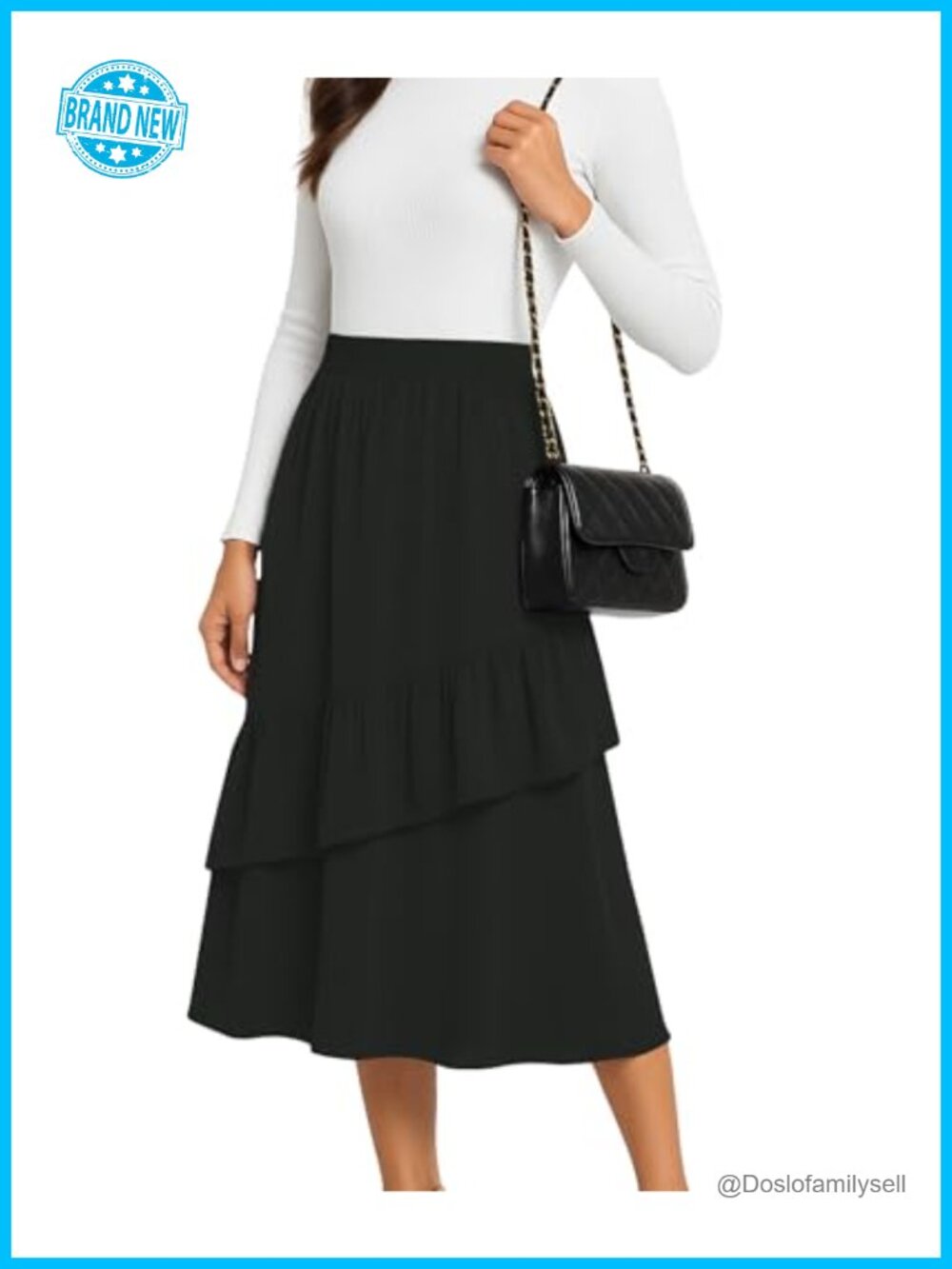 Women's Flowy Midi Skirt High Waist A-Line Ruffle Hem Pockets Polyester